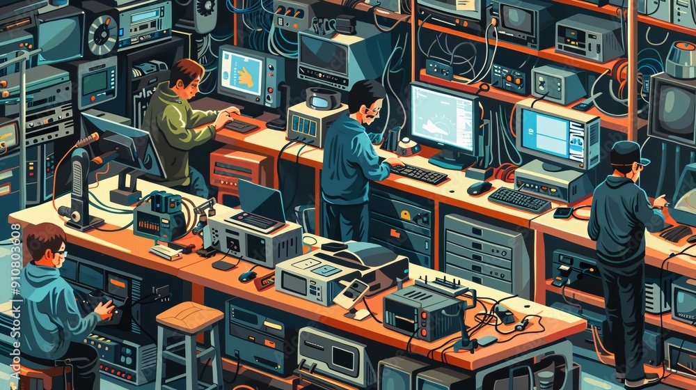 Poster cartoon vector of a busy electronics repair shop, with multiple technicians working on different dev
