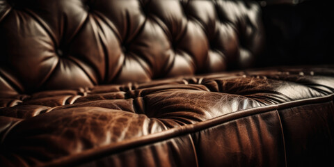 Naklejka premium Rich Brown Leather Chesterfield Sofa Detail with Plush Button-Tufted Upholstery for Elegant and Cozy Home Interiors