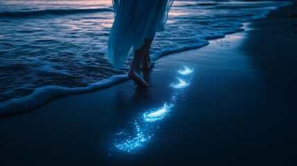 Fototapeta premium Footprints in the Sand: A Magical Evening at the Seashore