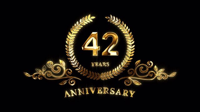42nd Anniversary Celebration. Happy 42 Years Anniversary Animation in Gold Color on the Transparent Background, Alpha Channel. Great for greetings, celebrations, events, and gifts.