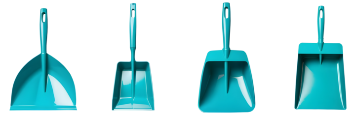 Set of various home cleaning dustpans isolated on transparent or white background.
