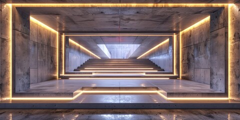 Obraz premium Multilayered communal area featuring an abstract design of concrete and timber with vibrant neon illumination, presented through 3D visualization.