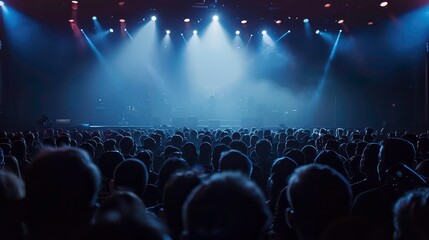 A crowd of people silhouetted against the bright stage lights of a concert venue.
