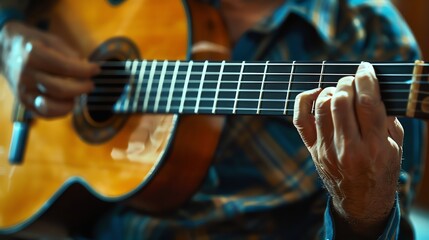 Obraz premium A person's hands playing a guitar.