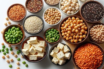 various of plants based ingredients in bowls on white background
