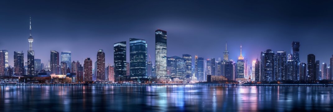 A breathtaking panoramic view of a modern city skyline at night, with buildings glowing and reflections shimmering on the water's surface.
