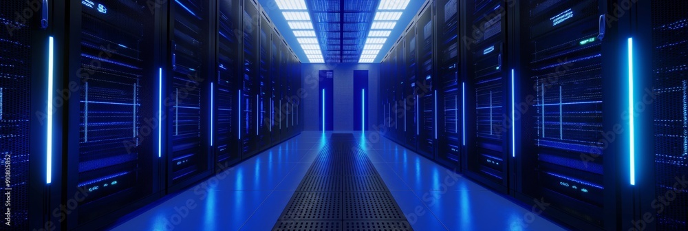Poster interior of a futuristic data center featuring rows of servers illuminated by blue led lights and a 