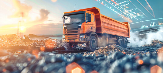 A heavy-duty dump truck maneuvers through a rocky terrain, its journey overlaid with futuristic data visualizations