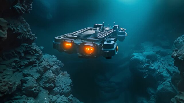 Deep-sea exploration drone navigating the abyss, capturing rare marine life and geological formations with high-definition cameras