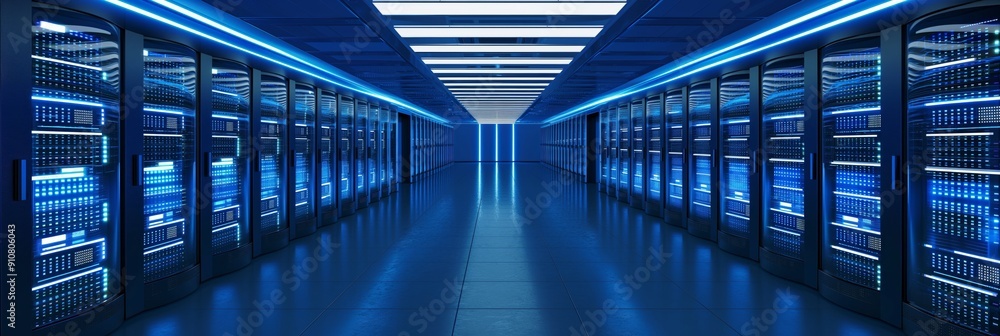 Poster a spacious data center room displaying rows of servers on either side and illuminated in blue, showc
