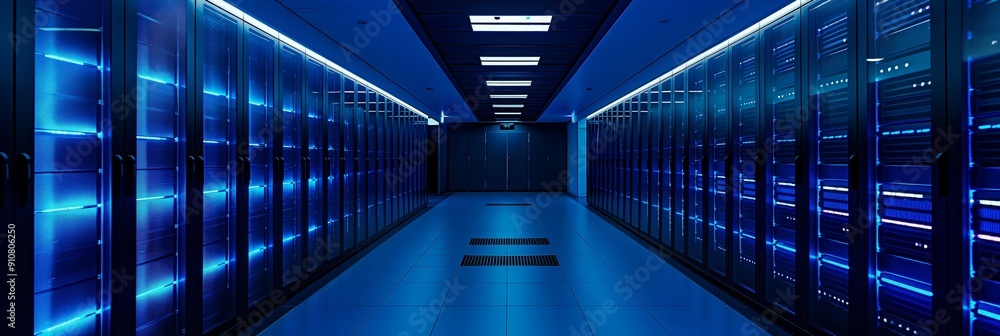 Poster a modern data center with rows of servers on either side lit by blue led lights, showcasing advanced