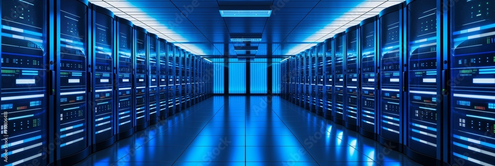 Poster a modern data facility with rows of servers, evenly illuminated in blue light, representing technolo
