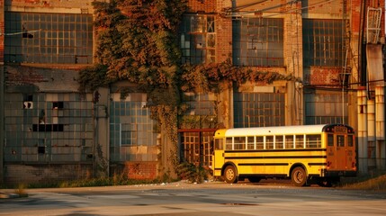 Obraz premium A yellow school bus parked in front of an abandoned brick building with broken windows and overgrown vines.