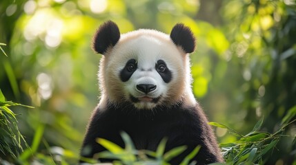 Fototapeta premium Close-up of a panda munching on bamboo shoots with a blurred background of lush greenery. The image includes ample copy space on the sides to highlight International Panda Day.