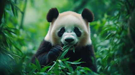 Fototapeta premium Close-up of a panda munching on bamboo shoots with a blurred background of lush greenery. The image includes ample copy space on the sides to highlight International Panda Day.