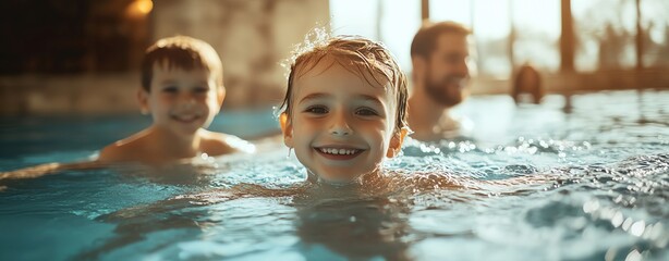 Parents teaching their children how to swim in a pool