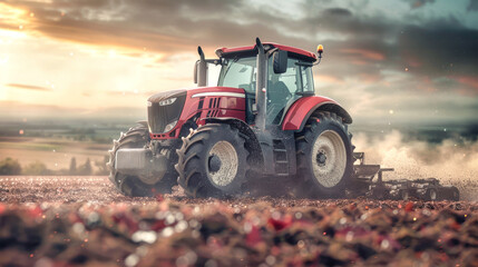 Fototapeta premium A powerful tractor cultivates a dusty field as cotton candy clouds swirl above during the golden hour, enhancing the agricultural backdrop of rural tranquility