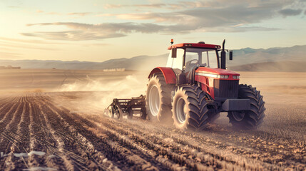 Fototapeta premium A red tractor powers through a field, turning soil as golden sunlight filters through dust clouds, creating a serene atmosphere in the evening