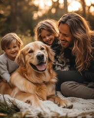 A family playing with their pet dog in the backyard