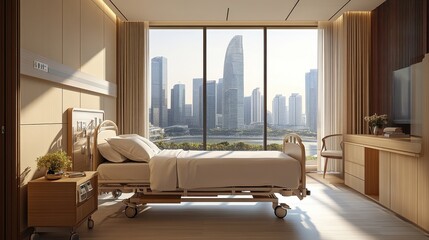 Luxury Empty bed and wheelchai in nursing a clinic or hospital,3d hospital room rendering,patient bed illustration.Modern hospital,health care,Hospital ward,VIP hospital interior bed and armchairs.