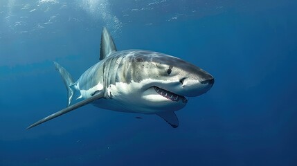 Naklejka premium Great White Shark Swimming in Blue Water