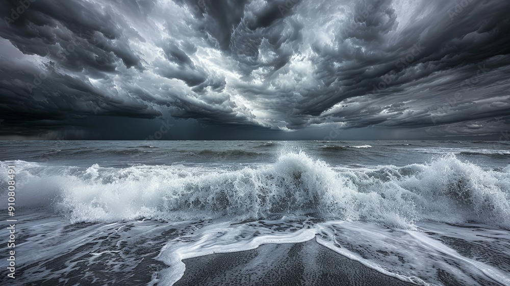 Poster storm clouds over the ocean create a breathtaking contrast between the dark, roiling sky and the chu