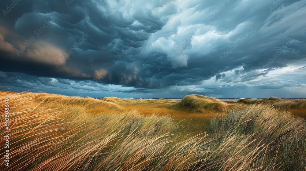 Poster storm clouds roll in over a wide-open plain, their dark forms creating a dramatic and imposing scene