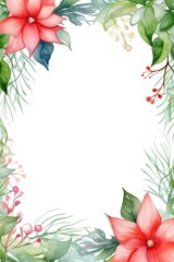 Fototapeta premium Christmas watercolor frame with winter branches, leaves and berries, illustration isolated on white background in vintage style. Festive frame for invitations or greeting cards.