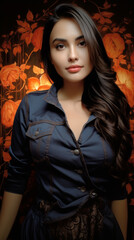 Fototapeta premium Thirty-year-old woman with brown eyes and long, healthy, shiny, brown hair, wearing a denim button-down dress, against a background of orange autumn flowers, generative AI