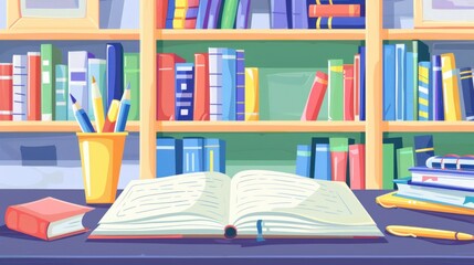 Open book on a desk with pencils, a pen, and a bookshelf full of books.