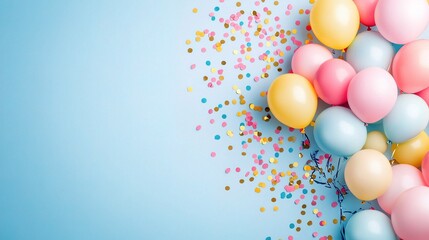 Pastel Balloons & Confetti: A festive backdrop of pastel balloons and colorful confetti against a soft blue background, perfect for celebrations, birthdays, or any joyful occasion.  