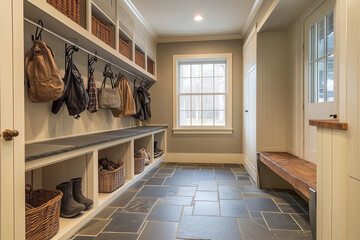 Cleanliness in Storage: Mudroom with Slate Shoe Racks