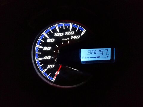 motorbike speedometer panel in the dark. The speedometer needle is at 0 per kilometer.