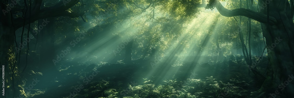 Poster sunlight pierces through the dense canopy of a forest, creating a magical play of light and shadow a