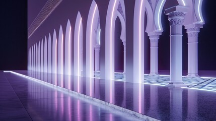 Mosque with intricate geometric designs glowing under neon lights in a futuristic urban environment, a blend of tradition and modernity