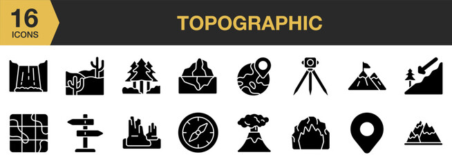 Topography Glyph icon set. Includes glacier, location pin, waterfall, volcano, address sign, and More. Solid icons vector collection.