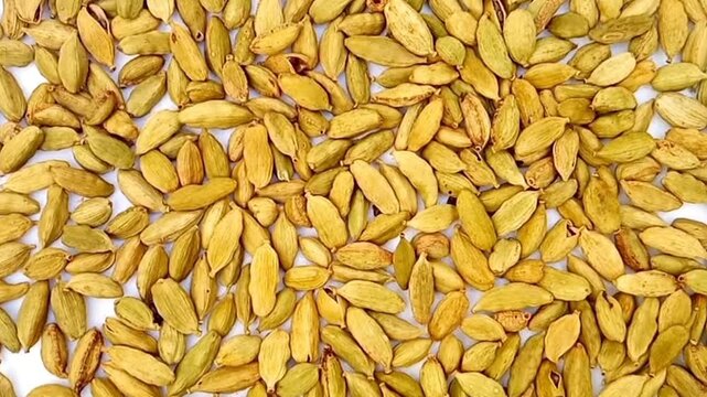 Green cardamom pods rotating full frame background, top view looped spinning, close up, herbs and spices