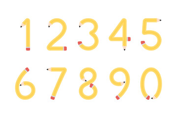 Cute yellow pencils shaped like numbers for kids, from zero to nine. Vector illustration.	