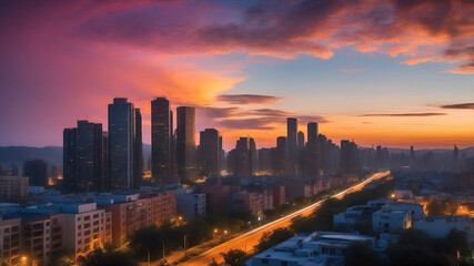 Obraz premium Experience the breathtaking beauty of a Stunning Urban Sunset over a magnificent City Skyline