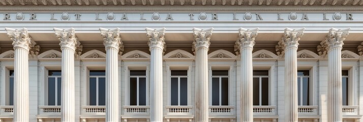 Naklejka premium Grand building's classic architectural columns showcase elegant design, standing as a testament to historical ingenuity and beauty.