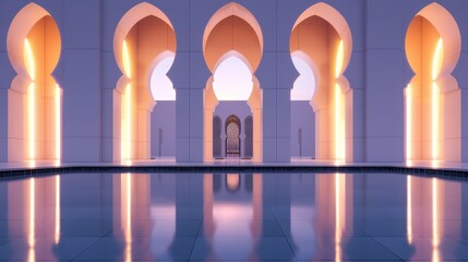 Neon lights illuminating the sacred designs of a mosque, blending modernity with tradition, creating a striking visual contrast in the night