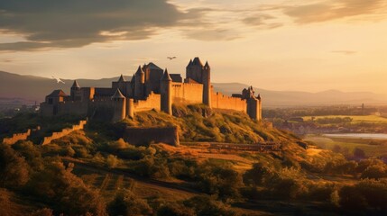 Sunset View of a Medieval Castle on a Hill