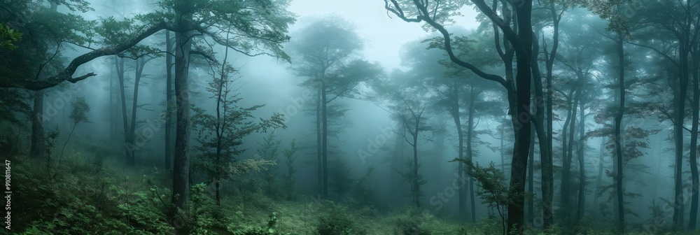 Poster a dense forest scene in the morning, with fog softly enveloping tall trees, creating a mysterious an