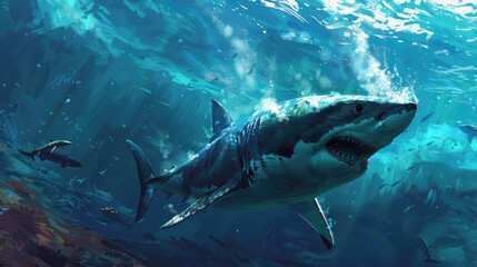 Great White Shark Swimming in the Ocean Depths