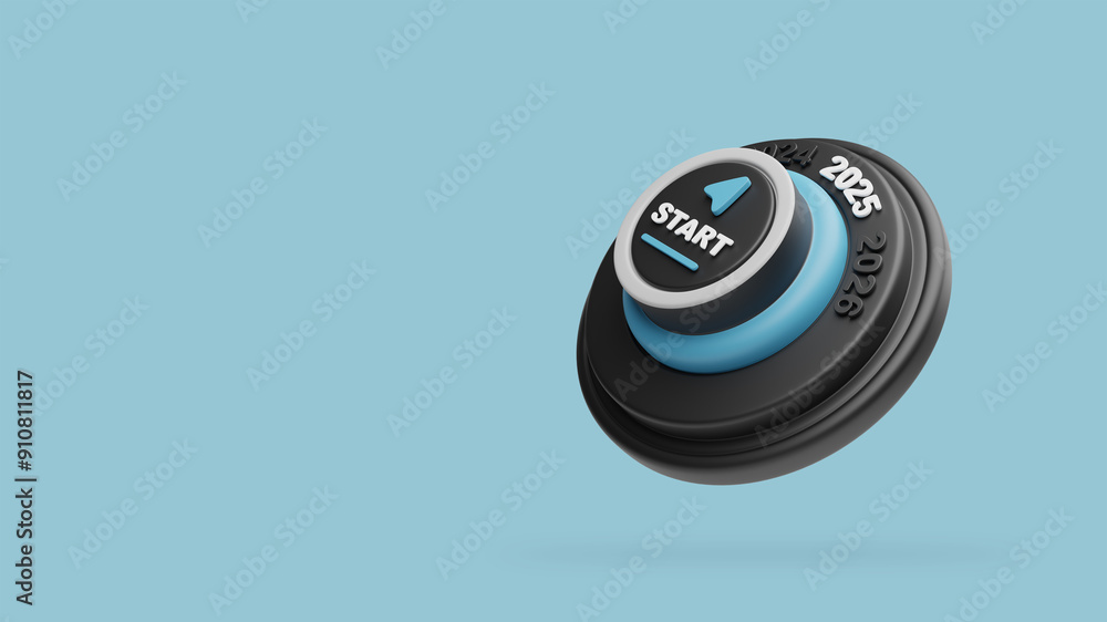 Fototapete 2025 happy new year. 3d designed push button with the letters start in the center that rotates to th