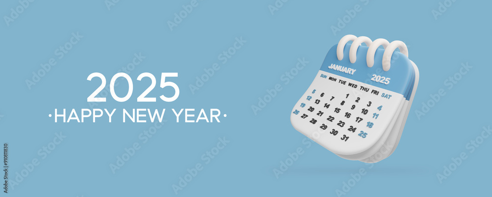 Fototapete 2025 happy new year. cute 3d designed calendar with happy new year text. copy space.