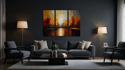 Fototapeta premium Interior design of scandinavian living room with fireplace and gray sofa. Created with generative AI 