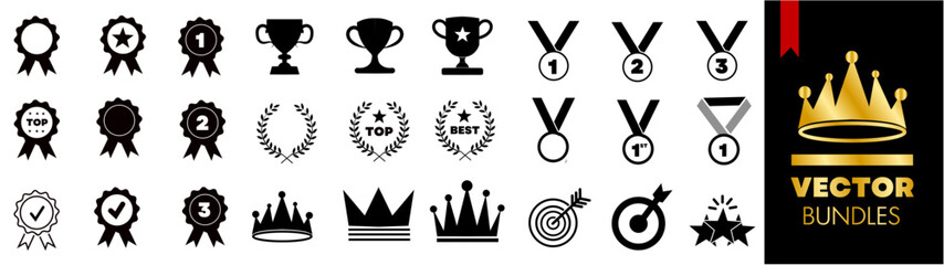Winning icon set. Winers icon collection. Set of Winner medal. Trophy cup, Medal, Winner prize icon. Champion win trophy and medal with 1st sign. Vector illustration.