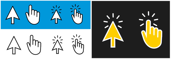 Pointer cursor сomputer mouse icon. Clicking cursor, pointing hand clicks icons. Click cursor - stock vector.