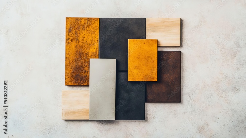 Poster artistic display of segmented hanging frames showcasing vibrant geometric patterns for modern home d